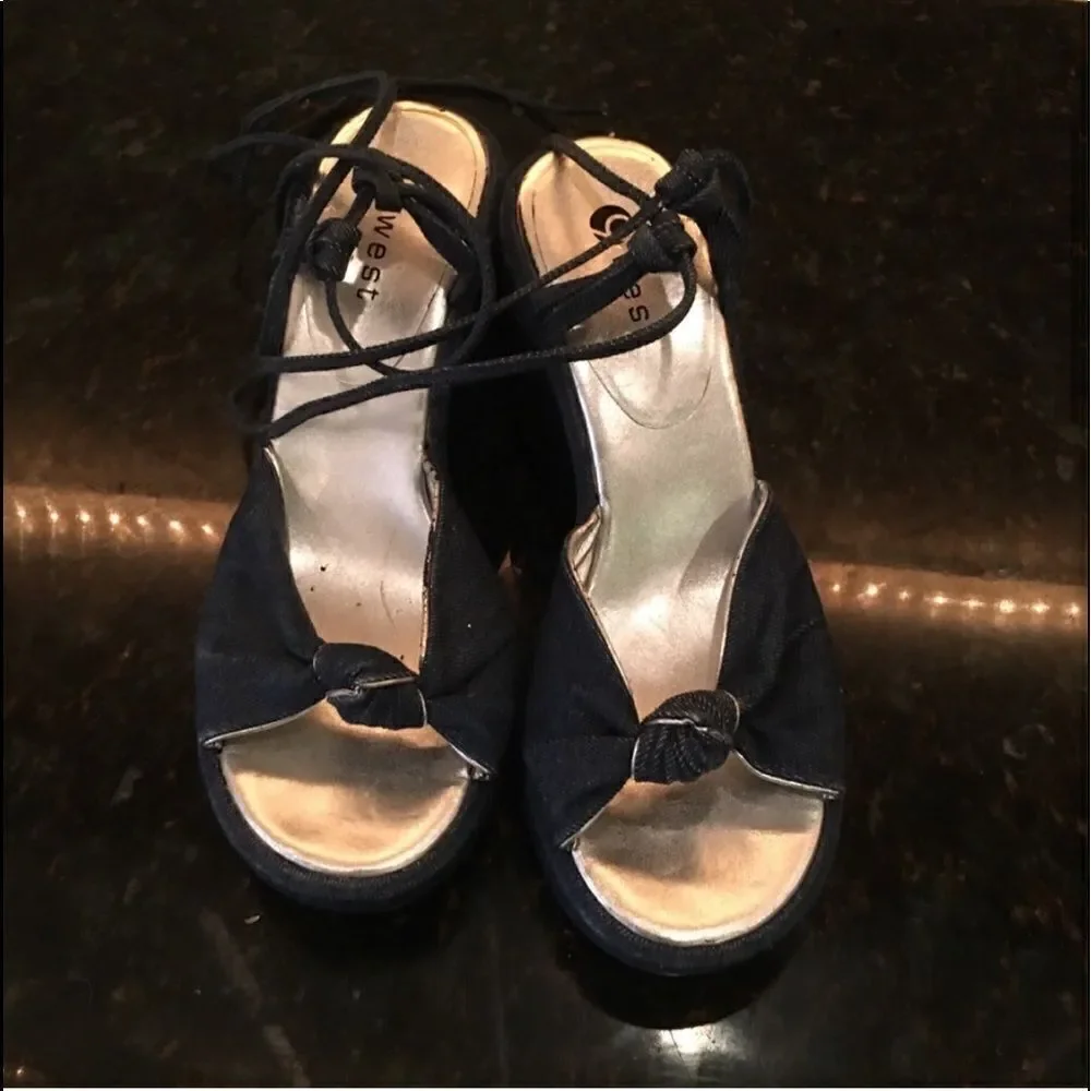 OO 9 West Denim Ankle Tie Wedges!